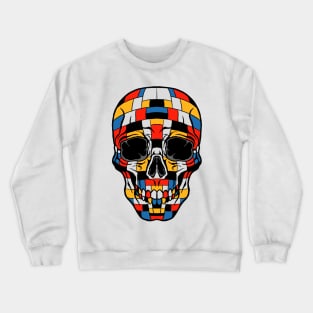 Skull In Piet Mondrian Art Composition with Red Blue and Yellow Crewneck Sweatshirt